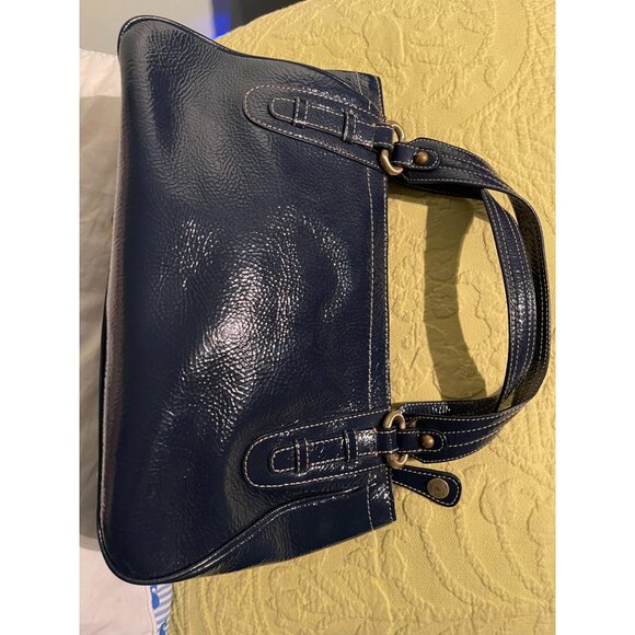 Perlina New York Navy Blue Faux Leather Shoulder Bag With Leopard Print Lining & - Picture 11 of 16